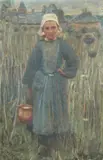 George Clausen, PEASANT GIRL CARRYING A JAR, identified and signed lower right, Oil on canvas