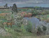 Boris Izrailovich Anisfeld, Horses Grazing by the Stream, Oil on board.