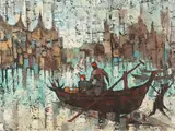 Kid. Kosalwat, Boat on River, Acrylic on board