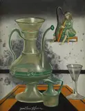 Jean-Pierre Alaux, Still Life with Pitcher and Girl with Harp, Oil on canvas