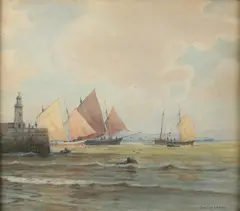 Hendricks A. Hallett, Sailboats at Sea Wall, Watercolor