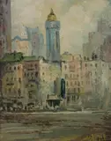 Joseph Sloman, Street Scene, Oil on board