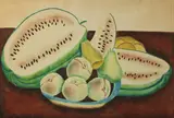 Christiana Ourand, STILL LIFE WITH WATERMELON AND PEARS, label verso reads: "Done by Christiana Ourand when she was about 11 years" (1835), Watercolor