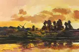 Boris Riedel, Landscape with Windmill at Sunset, Oil on canvas