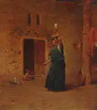 Orientalist School, Woman Spinning Flax with Child in Background, WOMAN SPINNING FLAX WITH CHILD IN BACKGROUND, oil on canvas