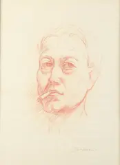 Theo Meier, Portrait of Man with Cigarette, Red chalk on paper