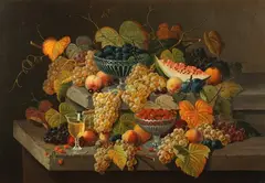 Severin Roesen, Still Life with Fruit and Glass of White Wine, STILL LIFE WITH FRUIT AND GLASS OF WHITE WINE, oil on canvas