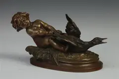 Putto and Goose by Auguste Moreau, Bronze - Height: 5 in. x 7 in, sold Jun 2013