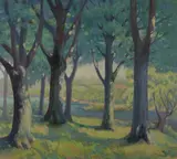 Frances Farrand Dodge, Trees Along River with City in Distance, Oil on canvas