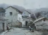 P. Clair, Village Street Scene, Watercolor