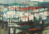 Abstract Harbor Scene by American School, Oil on board, sold Sep 2013
