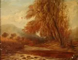 House by Stream by Continental School, CHURCH, and LANDSCAPE: THREE WORKS, oil on panel, offered Sep 2013