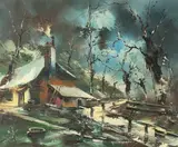Maurice Louis Legendre, Mountain Home in Winter, Oil on canvas