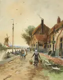 Dutch School, Along the Canal, Watercolor