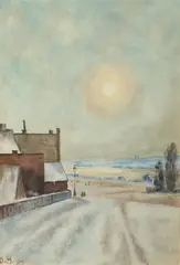 D.M., Town in Snow, Watercolor