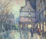 Clarence Montfort Gihon, Street Scene at Night, Oil on canvas