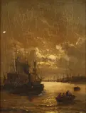 William A. Thornberry, Moonlit Harbor, Oil on panel