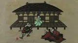 Japanese School, Figures in Front of House, Woodblock print