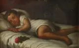 Sleeping Child with Rose by Continental School, SLEEPING CHILD WITH ROSE, oil on canvas in ornate gold frame with carved cherubs, offered Nov 2013