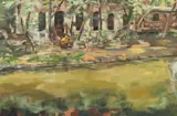 Susan T. Woodward, Children Playing Along Canal with Guitarist, Oil on canvas