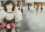 Charles Levier, Femme Avec Fleurs Dans la Rue, Watercolor