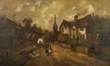 Continental School, European Village Scene, EUROPEAN VILLAGE SCENE, oil on board