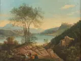 Panoramic Mountain Lake Scene by Continental School, PANORAMIC MOUNTAIN LAKE SCENE, oil on canvas, offered Nov 2013