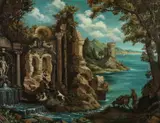 William R. Hogan, Sheep Herder in Ruins, SHEEP HERDER IN RUINS, oil on canvas