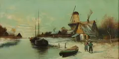 Windmill in Winter by Marinus A. van Straten, Oil on canvas, sold Nov 2013