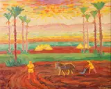 Arye Leo Peysack, Plowing the Fields at Sunset, Oil on board