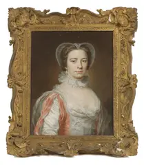 William Hoare, Untitled, in a white dress with pink ribbons and decorated with pearls pastel 59.5 x 44cm