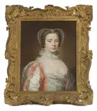William Hoare, Untitled, in a white dress with pink ribbons and decorated with pearls pastel 59.5 x 44cm