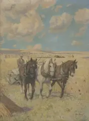 Allan Stewart, Untitled, Allan Stewart (1865-1951) 'Barley Harvest' oil on canvas 102.5 x 76.5cm