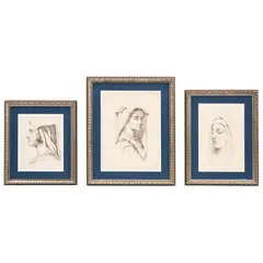 Félix Parra, GRUPO DE ESTUDIOS PARA ROSTROS DE MUJER, Lápiz sobre papel. Firmados