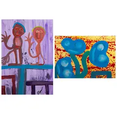 Dos personajes y Tres amigos by Eliseo Garza "elgar", Mixta sobre papel montado en madera, offered Oct 2021