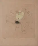 Hans Bellmer, Aus: Les Marionettes, 1969, Radierung, handkoloriert auf graubraunem Fabriano Roma (Wasserzeichen)