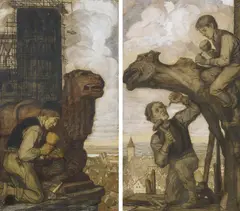 Matthäus Schiestl, Zwei Arbeiten: Steinmetze bei der Arbeit an Wasserspeieren auf der Baustelle einer gotischen Kathedrale, Jeweils: Pastell, weiß gehöht auf Papier
