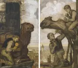 Matthäus Schiestl, Zwei Arbeiten: Steinmetze bei der Arbeit an Wasserspeieren auf der Baustelle einer gotischen Kathedrale, Jeweils: Pastell, weiß gehöht auf Papier