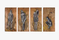 Xoooox, Ghost Cat, Hulla, Rewind und Leisa, Jeweils: Stencil auf Kupferplatten, partiell oxidiert. Auf Holz montiert