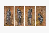Xoooox, Ghost Cat, Hulla, Rewind und Leisa, Jeweils: Stencil auf Kupferplatten, partiell oxidiert. Auf Holz montiert