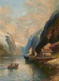 Anders Askevold, Überfahrt im Fjord, Öl auf Holz