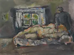 Hans Vent, Interieur mit Akt, 1966, Öl auf Malpappe