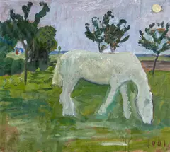 Paula Modersohn-Becker, Weidender Schimmel im Mondlicht, 1901, Öltempera auf Karton