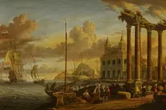 Jacobus Storck, Schiffe bei einer mediterranen Hafenstadt mit der Ansicht der Loggia delle Benedizioni in Rom, Öl auf Holz