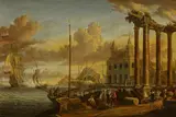 Jacobus Storck, Schiffe bei einer mediterranen Hafenstadt mit der Ansicht der Loggia delle Benedizioni in Rom, Öl auf Holz