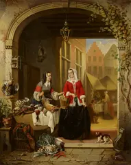 Marktstand in einer flandrischen Stadt by Alexis van Hamme, Öl auf Holz, sold Jun 2021