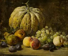 Eugène Joors, Stillleben mit Weintrauben, Pfirsichen und einer Melone, Öl auf Leinwand