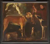 Jagdhund mit Beute und exotischen Vögeln by Niederländische Schule, Öl auf Leinwand, sold Jan 2022