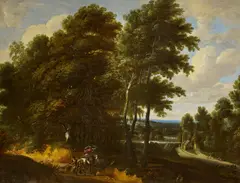 Ignatius van der Stock, Waldlandschaft mit Reiter bei der Falkenjagd, Öl auf Leinwand