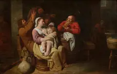 Interieur mit Bauernfamilie by David Ryckaert III, Öl auf Leinwand, sold Jun 2021